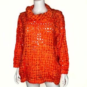 Kiyo Vibrant Orange Tie Dye Waffle Weave Fabric Top Womens Size M Airy Lagenlook